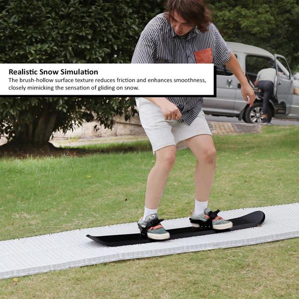 Person standing on a snow simulation mat outdoors with text about its features.