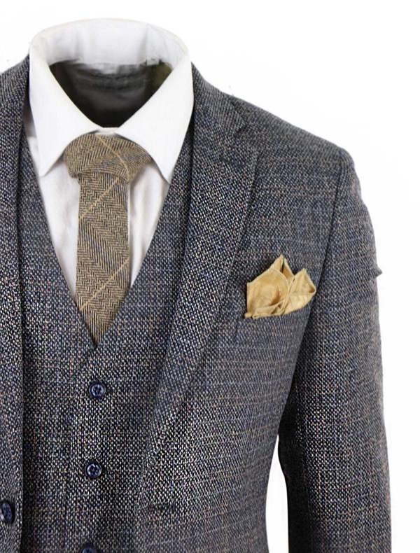 Paul Andrew Mens 3 Piece Navy Blue Tweed Check Vintage Retro Suit