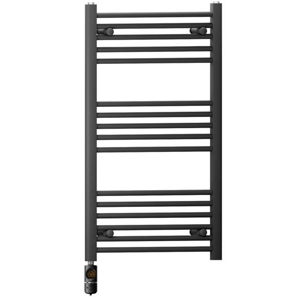 MYHOMEWARE 600 x 900 mm Matt Black Electric Bathroom Towel Rail Radiator Heater With AF Thermostatic Electric Element Pre-Filled