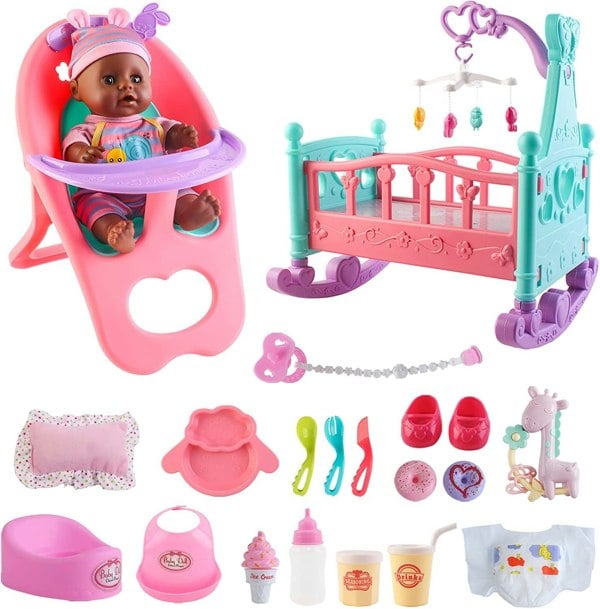 deAO Toys Doll Toy Set Doll Toy 15-piece toy Set including Mini Crib, ,Mobile, High Chair, Feeding Accessories