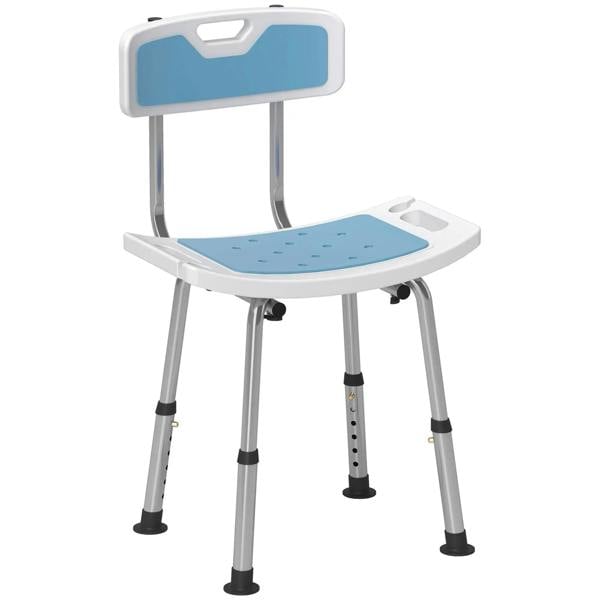 Light blue shower stool with backrest, height-adjustable legs and anti-slip rubber feet