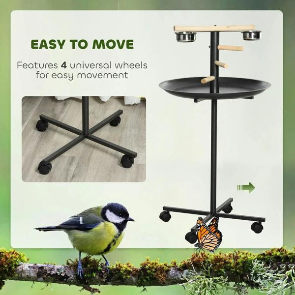 Black bird stand with 4 caster wheels, round tray, and stainless bowls with wooden perches