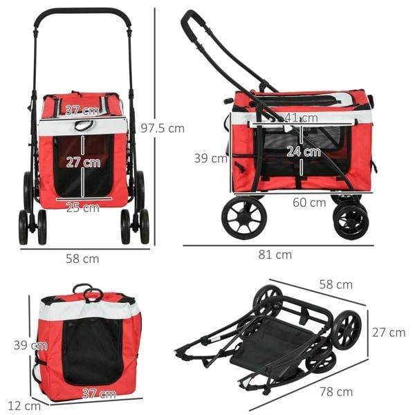 Foldable red pet dog stroller with mesh windows, padded interior, and four caster wheels