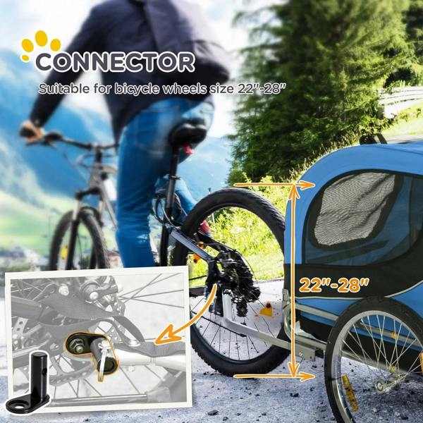 Blue pet bike trailer connector and large rear wheel with mesh side panel