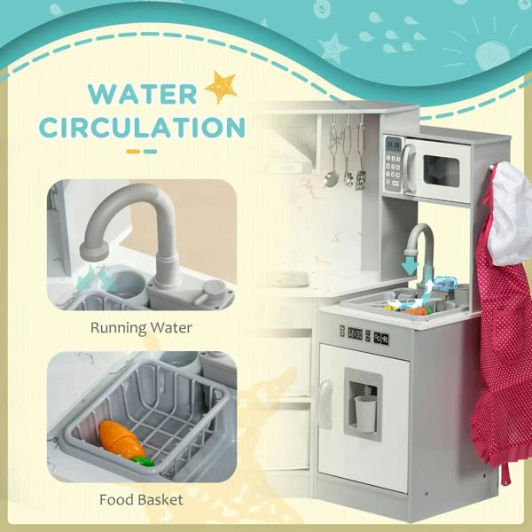 Toy kitchen playset with running-water faucet and sink area, grey, apron accessory