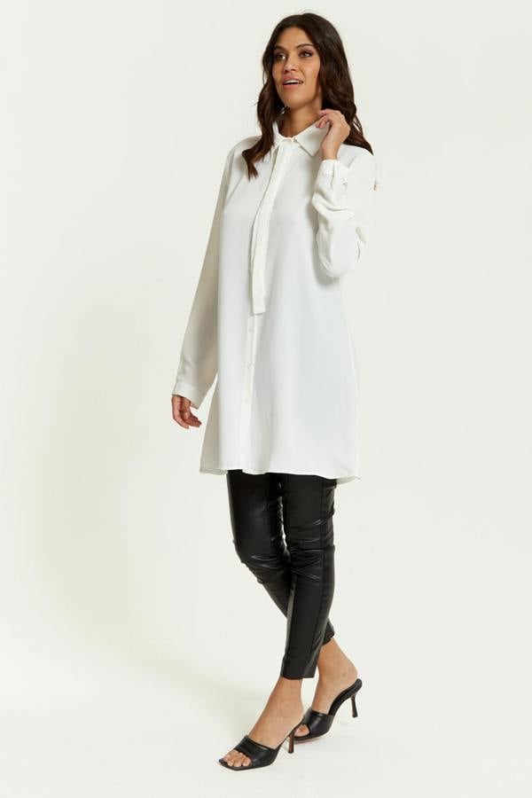 Hoxton Gal Oversized Tie Detailed Shirt Tunic with Long Sleeves in White