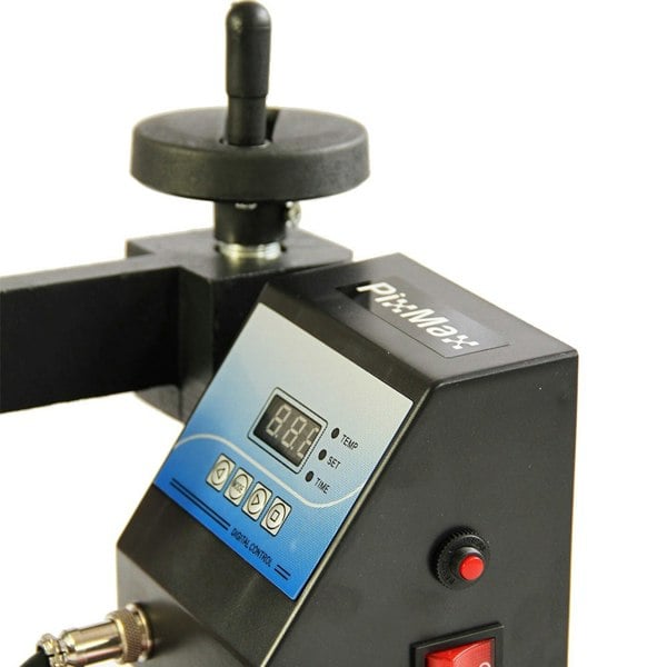 Cap press with digital control panel, featuring temperature and timer settings, sturdy black frame, and ergonomic handle for easy use