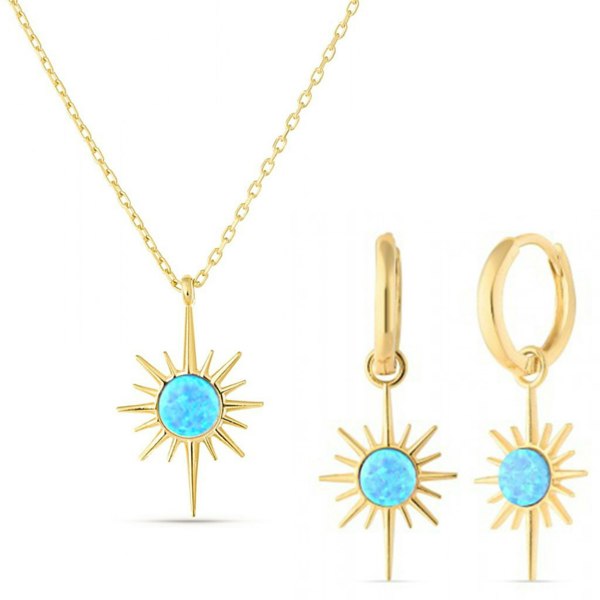 Spero London Blue Opal Northernstar Drop Hoop Earrings & Necklace Set in Sterling Silver