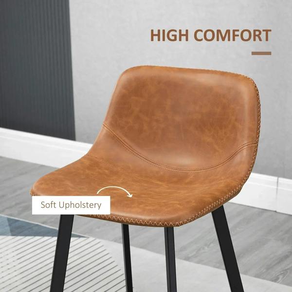 Brown soft-upholstery bar stool seat with black legs, close-up angle