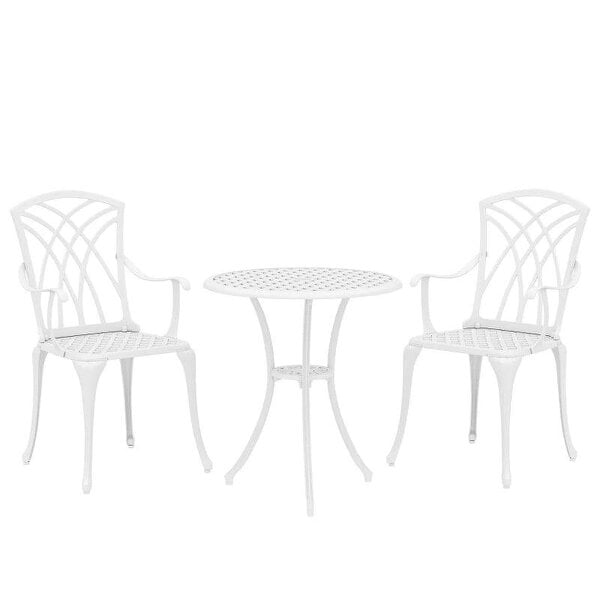3 Pieces Garden Bistro Set, Cast Aluminium Outdoor Dining Set with 2 Chairs and Round Table with Parasol Hole, White