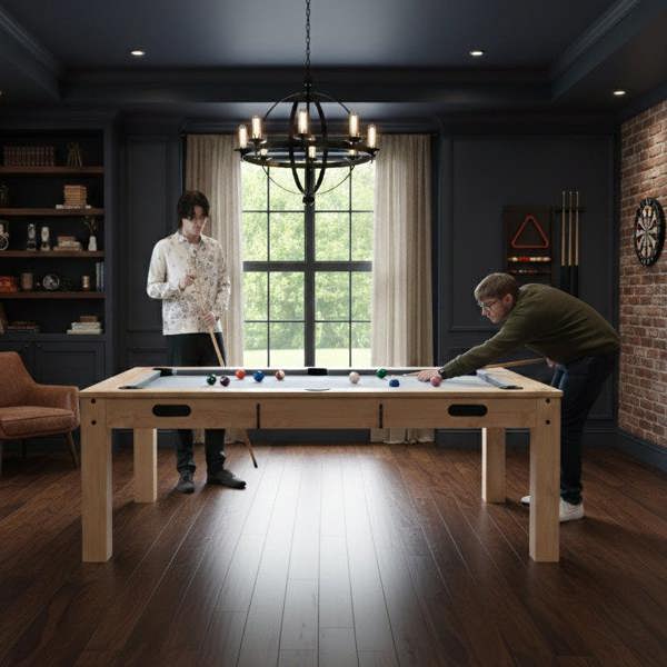 7-In-1 oak games table with a sleek design, featuring a pool table, darts, and LED light, set in a stylish room with natural light