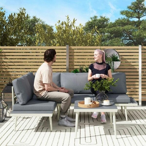 Bobobiy 3 Piece Garden Set with 5-Level Adjustable Lounger, L Shaped Garden Corner Sofa with Cushions, Slatted Wood-Grain Table, Grey - Grey