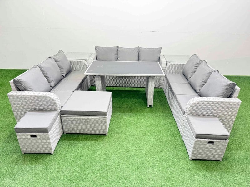 Fimous Patio Garden Furniture Sets with Black Glass Top Dining Table 3 Seater Sofa 2 Side Tables 3 Stool Light Grey