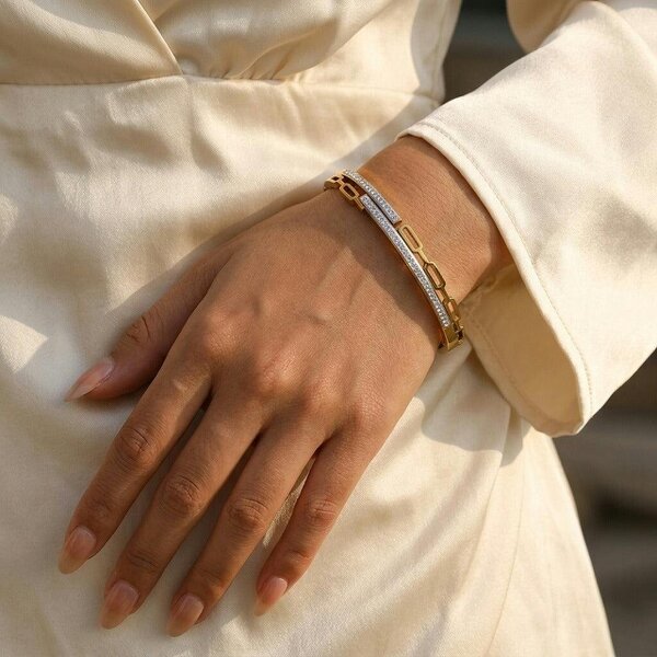 The Colourful Aura 18ct Gold Plated Clear Crystal Paperclip Link Open Cuff Bracelet