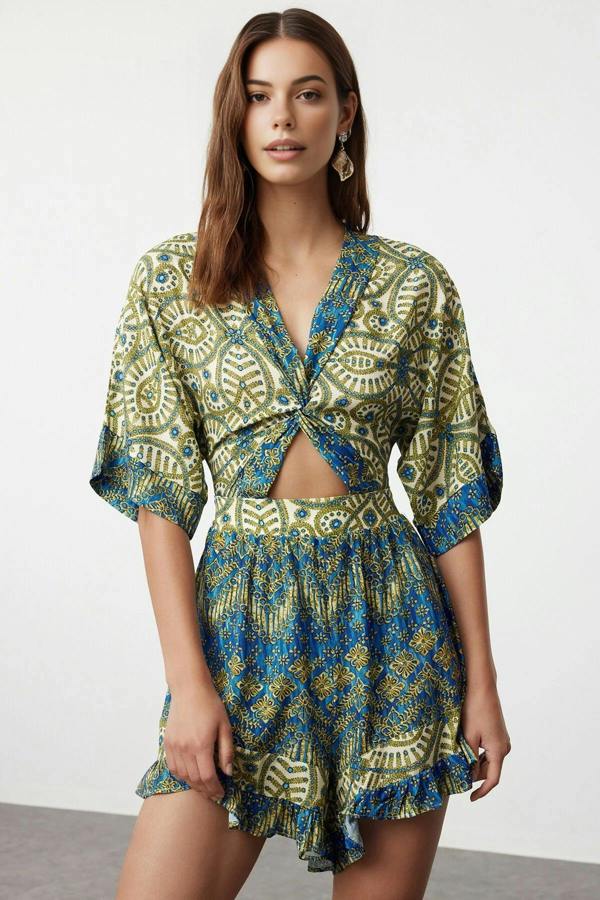 WOVCOR Ethnic Patterned Woven Cut Out Detail Beach Mini Playsuit