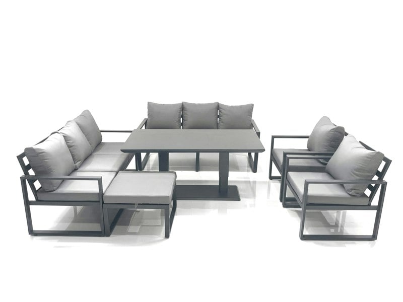 Fimous Outdoor Aluminium Garden Sofa Set & 2 Chairs with Footstool Adjustable Rising Dining Table - Dark Grey
