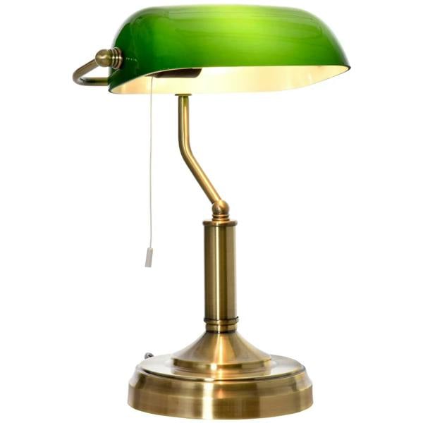 Banker desk lamp with green glass shade and antique bronze base