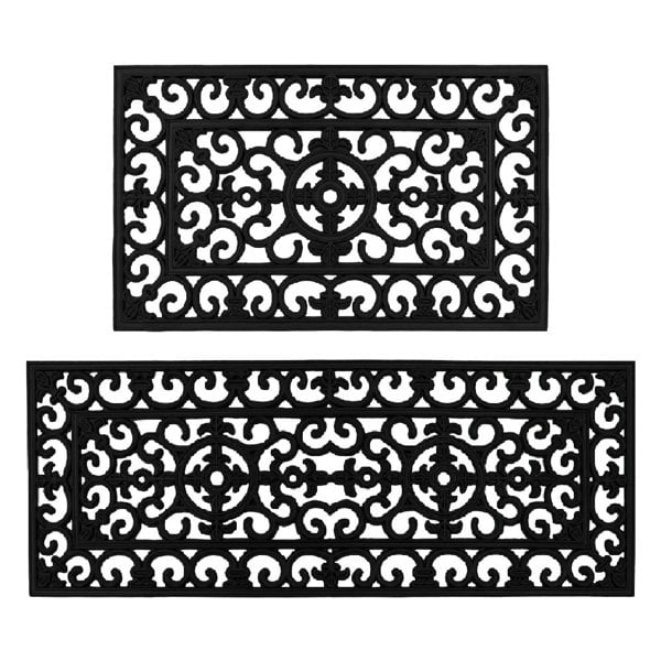 JVL Lexi Wrought Iron Effect Rubber Door Mat and Patio Mat Set - Black