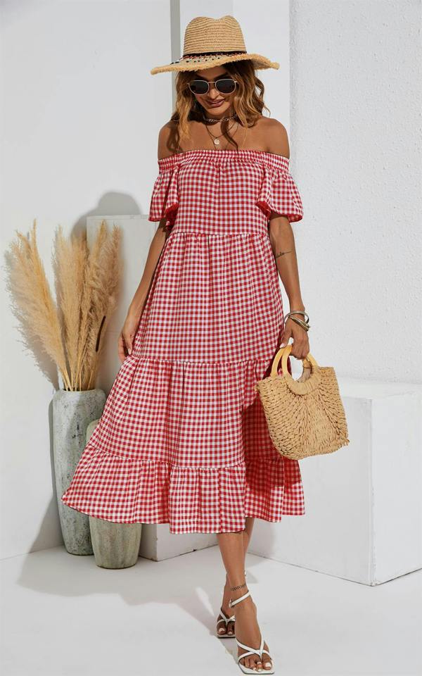 FS Collection Relaxed Off Shoulder Bardot Frill Midi Dress In Red