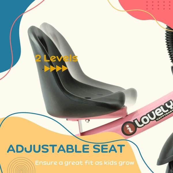 Adjustable black seat on pink 3-wheel toddler tricycle