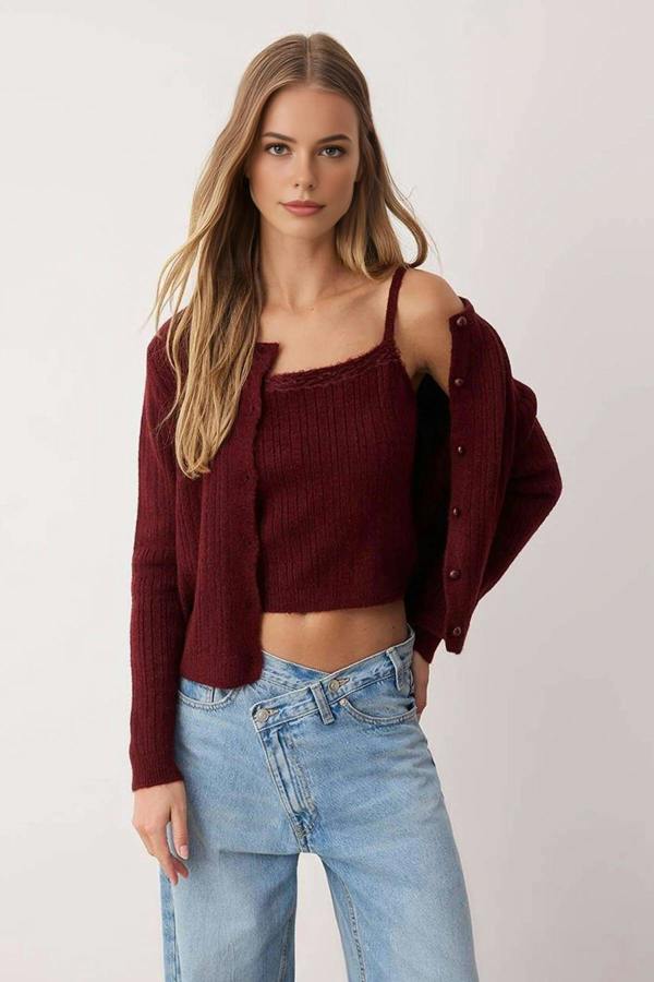 WOVCOR 2-Piece Square Neck Cardigan-Blouse Knit Set with Lace Garnish