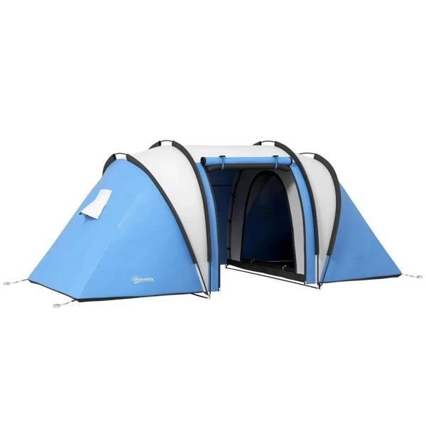 Blue two-room dome tent with canopy and dark mesh entrance panels