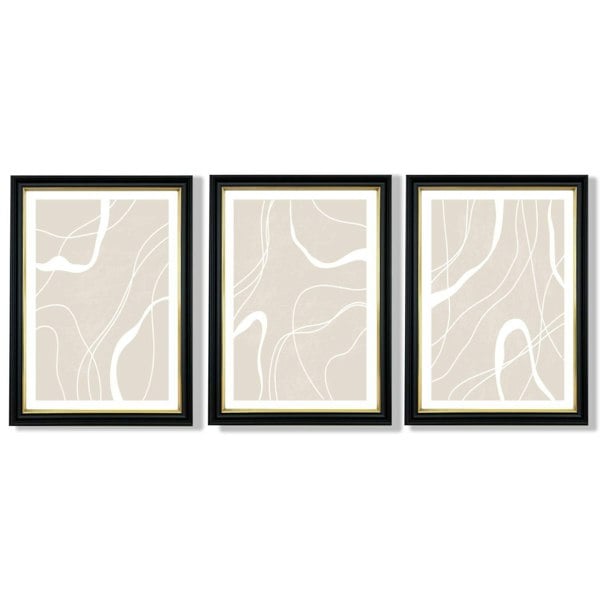 Set of 3 Abstract Neutral Beige Framed Art Prints with Vermeer Black and Gold Frames