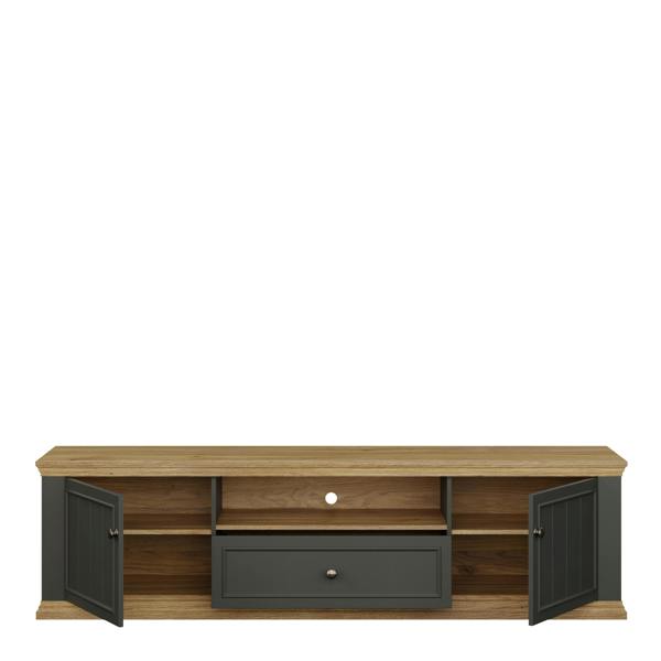Furniture To Go Pontypool Wide TV Unit with 2 Doors, Drawer & Open Shelf in Grey and Mauvella Oak