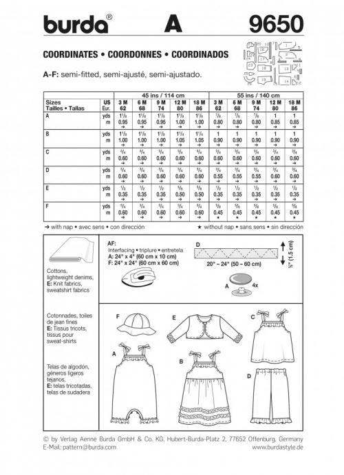 Burda Sewing Pattern 9650 Jackets, Dresses, Dungarees, Headwear, Trousers and Tops For Babies, Ages: 3 Months-18 Months - Easy