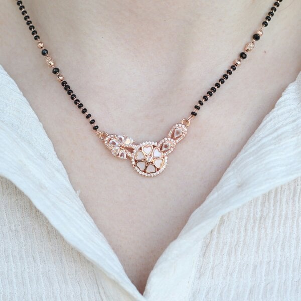 The Colourful Aura Indian Nazaria Rose Gold Floral Heart Zircon Mangalsutra Black Beads Necklace