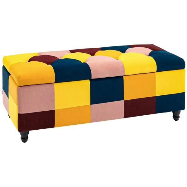 Multicolour patchwork storage ottoman/bench with upholstered lid and black feet