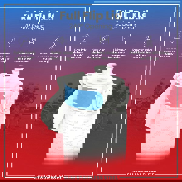 A white water bottle with a 240° flip lid, shown open, against a blurred background of football players. The bottle is slim stainless steel and says "TITANS" repeatedly on its side. "Full Flip Lid, 240° Opening" is also displayed.