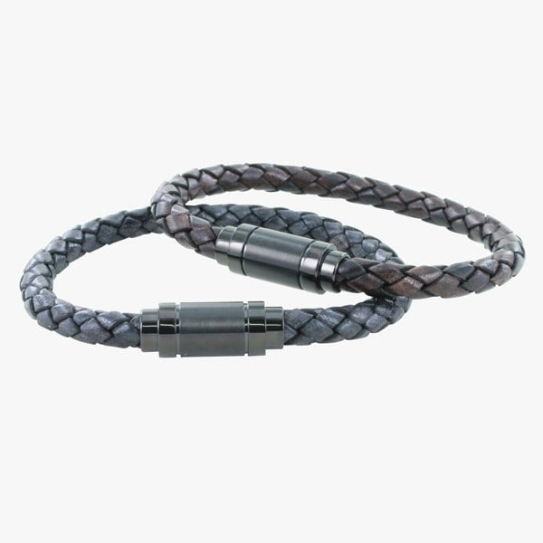 Black Steel Clasp Plaited Leather Bracelet Unisex - Reeves & Reeves