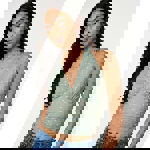 Pink Vanilla Ruched Side Halter Top In Polka Dot