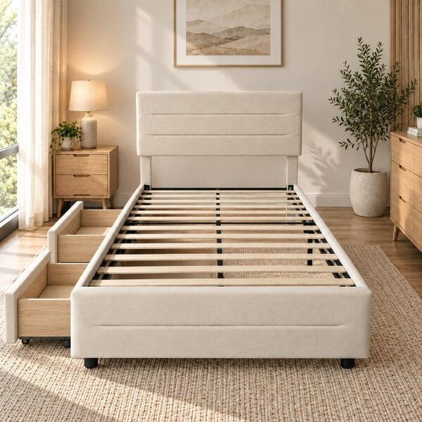 HOMEWEDO  Bed Frame with 2 Storage Drawers, Velvet Upholstered Headboard - Double  - Cream