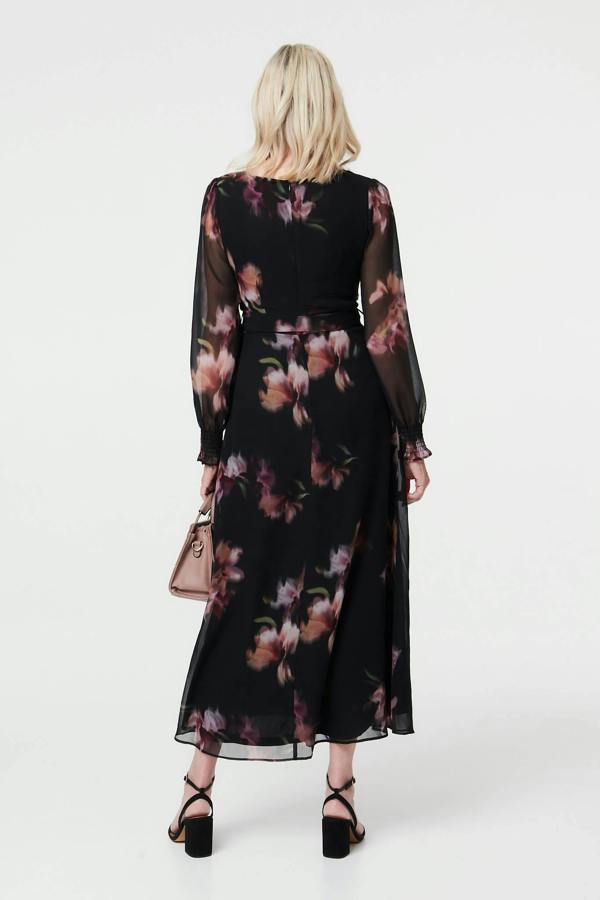 Black | Floral Layered Semi Sheer Midi Dress