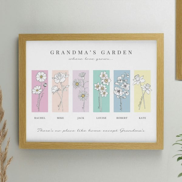 Personalised Memento Company Personalised Birth Flower Family of 6 Oak Framed Print