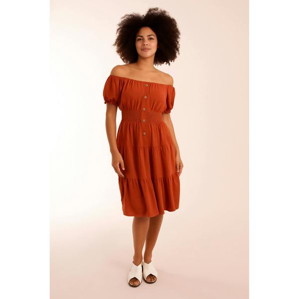 Blue Vanilla Coconut Button Bardot Dress