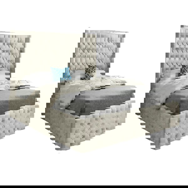 Casa Magna Turin Straight Winged Upholstered Soft Velvet Bed Frame - Cream