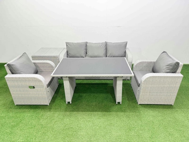 Fimous Outdoor Rattan Garden Furniture Dining Set 5 seater Patio Rectangular Table 3 Seater Sofa Reclining Chair Set with Side Table