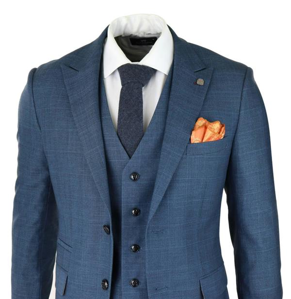 Paul Andrew Mens 3 Piece Blue Suit Prince Of Wales Check Classic Light Tailored Fit Modern