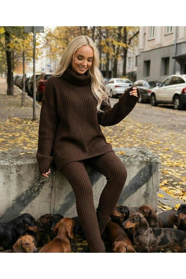 ikrush Mila Chunky Knitted High Roll Neck Top Bottom Co-ord Set