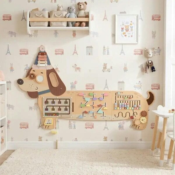 Bobobiy Montessori Inspired Busy Board, Wooden Dachshund Sensory Wall Panel for kids Touch, Feel & Learn, Classroom, Playroom