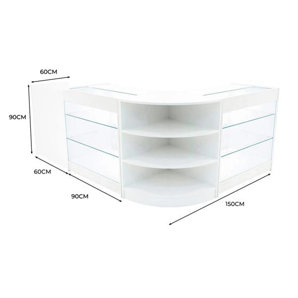 Curved white Astro LED shop counter set with glass shelves, featuring dimensions of 150cm width, 90cm height, and 60cm depth