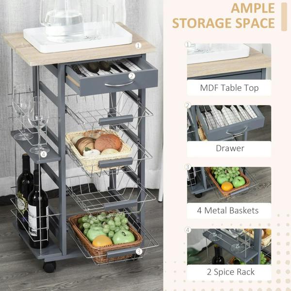 Grey utility cart with wire baskets, side racks, and a top drawer with handle