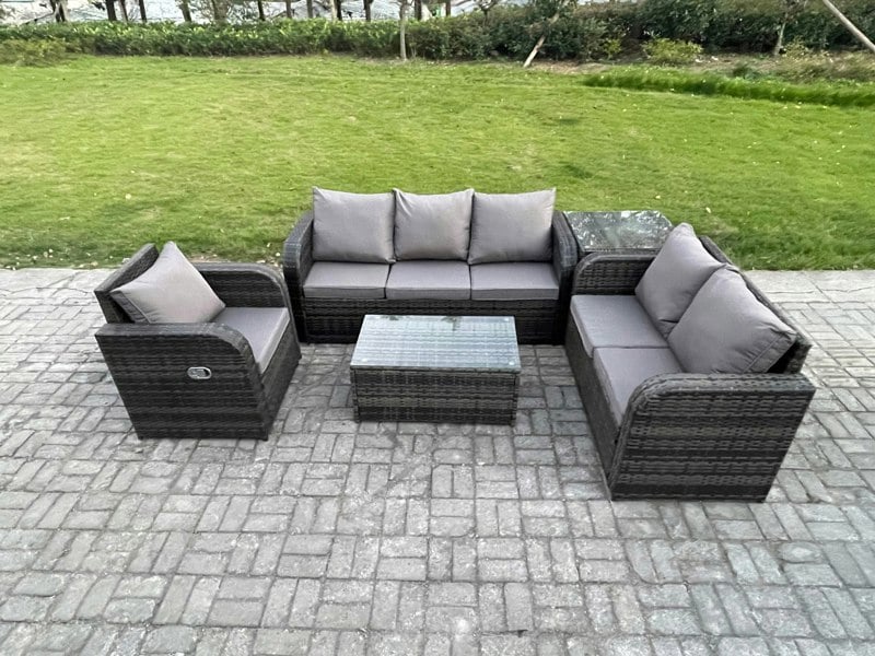 Fimous 6-Seater Outdoor Wicker Rattan Sofa Set | Rectangular Coffee Table, Reclining Chair, 3-Seater Sofa, Side Table