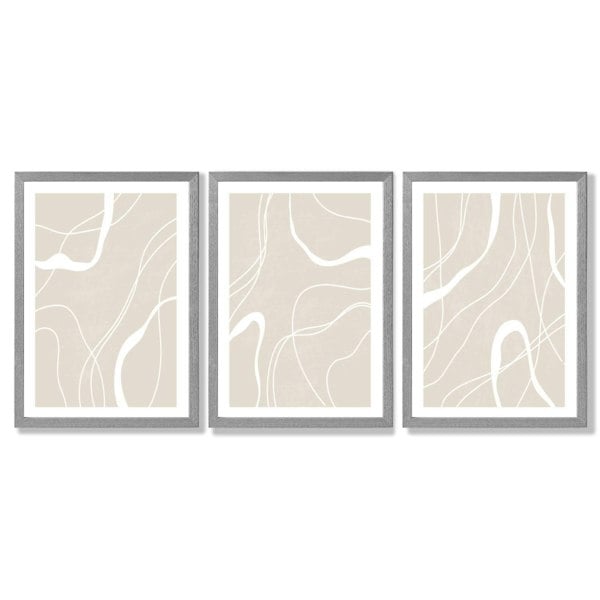 Set of 3 Abstract Neutral Beige Framed Art Prints with Light Grey Wooden Frames
