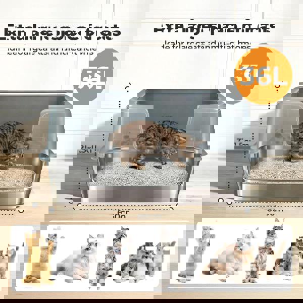 Skylos Stainless Steel Cat Litter Box High Sided Litter Tray with Scoop Pedal