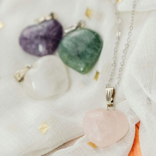 The Colourful Aura Rose Quartz Crystal Amazonite Green White Purple Heart Shape Pendant Necklace