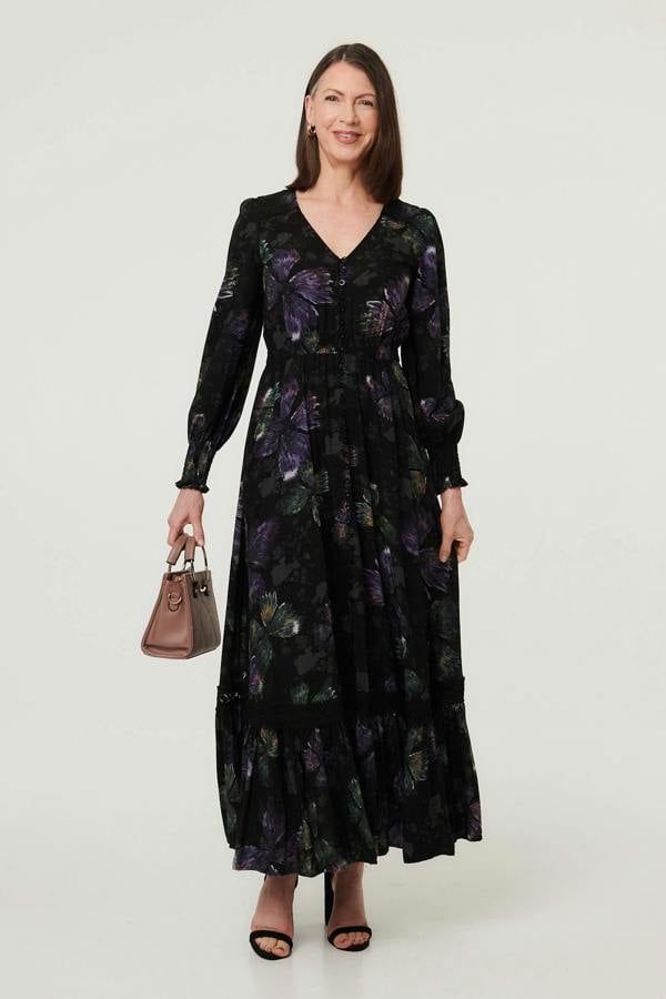 Black | Floral Tier Long Sleeve Maxi Dress